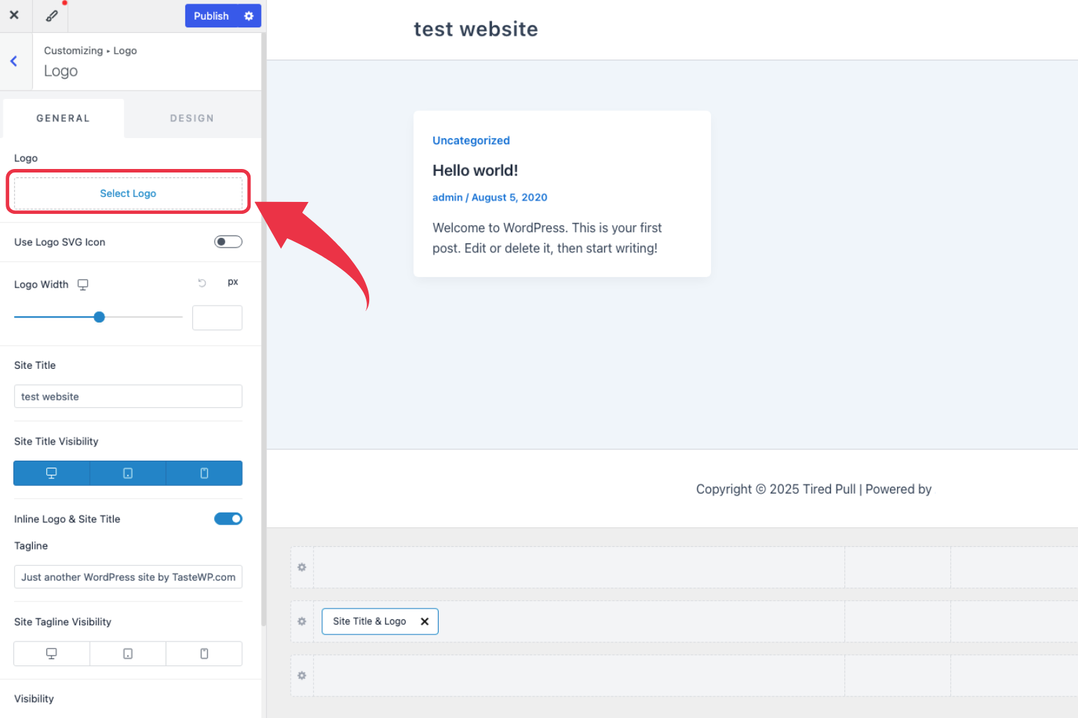 Click Select Logo for WordPress Header