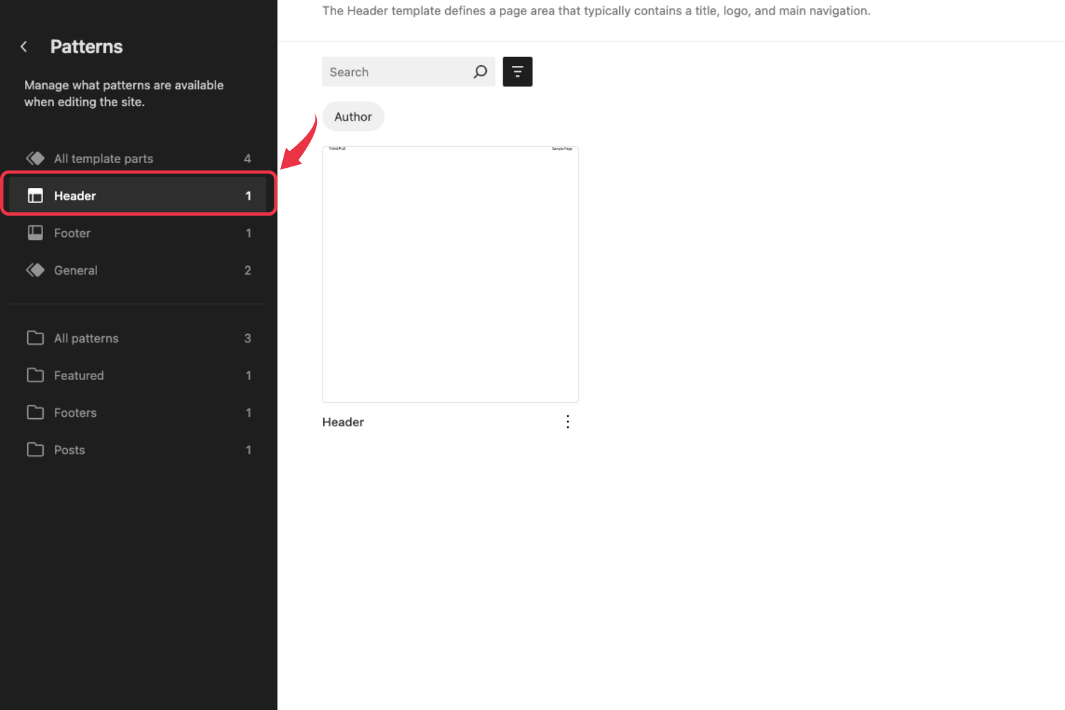 header template part highlighted