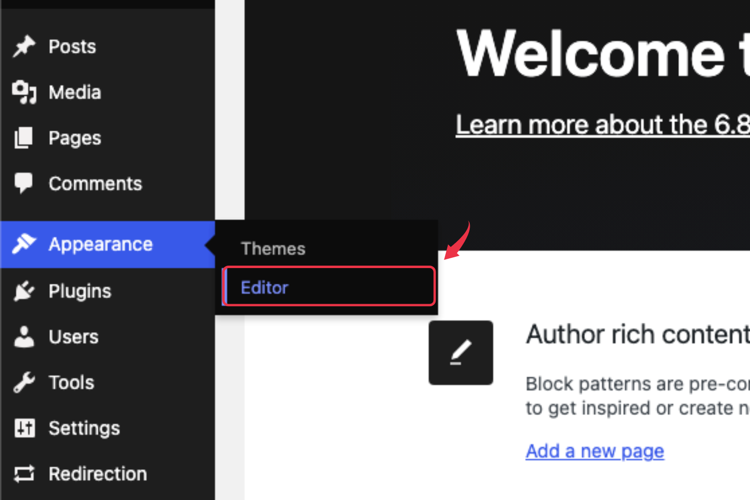 Navigate to Appearance » Editor from the left sidebar.