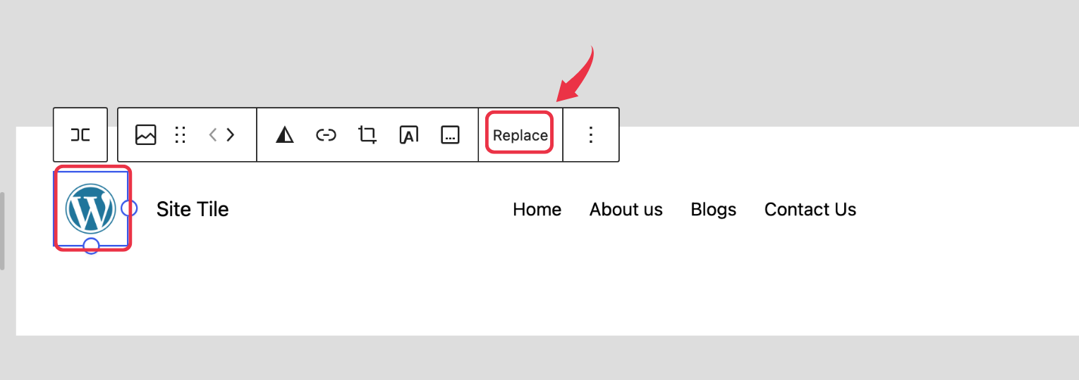 Select "Replace" from the toolbar to change the site header logo